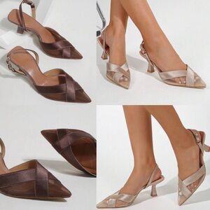 Brown mesh point toe heels
